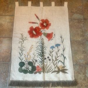 Vintage Bucilla Floral Embroidered Needlepoint Wall Hanging Folk Art Cottagecore